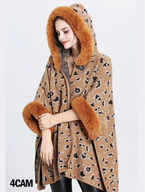 Soft Leopard Print Cape W/ Fur Detailing